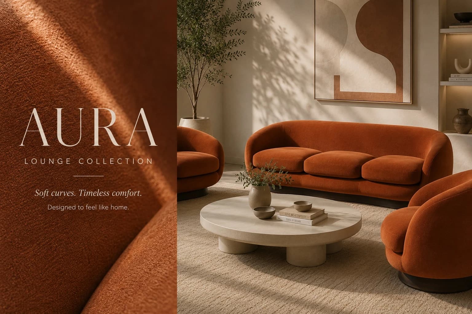 كرسي بذراعين برتقالي محروق بظهر دائري وقاعدة خشبية - AURA LOUNGE