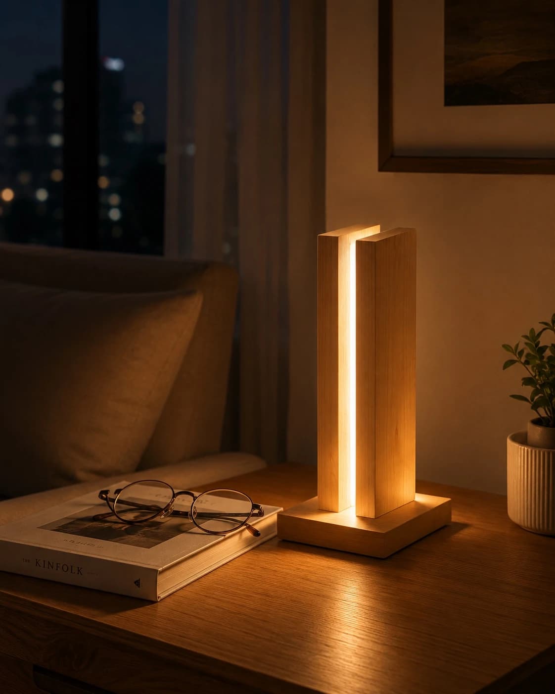 مصباح طاولة خشبي بعمودين وإضاءة LED دافئة مركزية